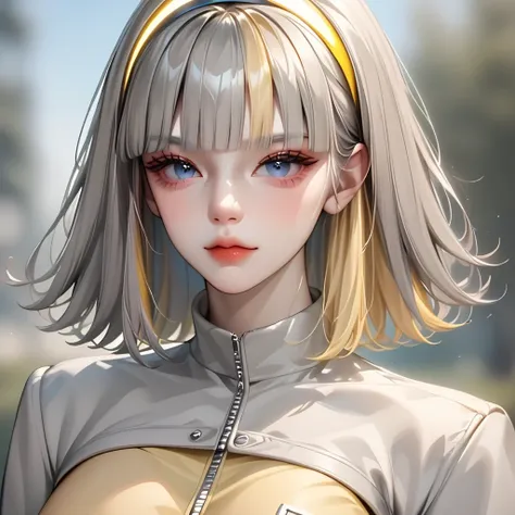 ((Gray Hair))、(Yellow inner hair),  best quality、 (  professional lighting without shadows  )、  surreal, (Nipples:0.4),  is fascinating、 figure like a slender supermodel、 one girl ,, ( big breasts, Belly button exposed), ( flat at honny,  beautiful skin)),...