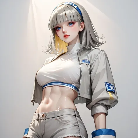 ((Gray Hair))、(Yellow inner hair),  best quality、 (  professional lighting without shadows  )、  surreal, (Nipples:0.4),  is fascinating、 figure like a slender supermodel、 one girl ,, ( big breasts, Belly button exposed), ( flat at honny,  beautiful skin)),...