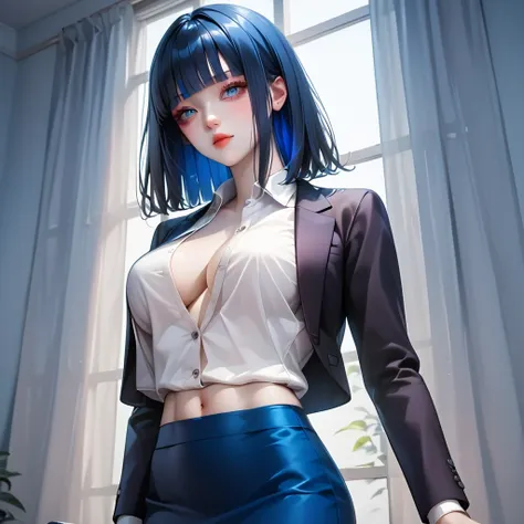 (( black hair))、(blue inner hair),  best quality、 (  professional lighting without shadows  )、  surreal, (Nipples:0.4),  is fascinating、 figure like a slender supermodel、 1 girl, (Slightly large breasts, Belly button exposed), ( flat at honny,  beautiful s...