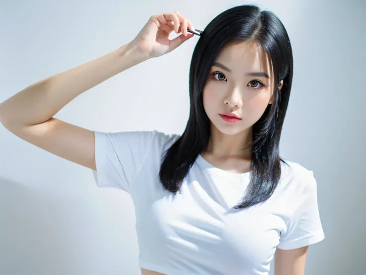 ((best quality, 8k, masterpiece:1.3)),sharp focus:1.2, 1girl ,(waist up),(detailed face), Beautiful lady with Perfect Figure, Vivid, (white) color t shirt, black hair,studio background,