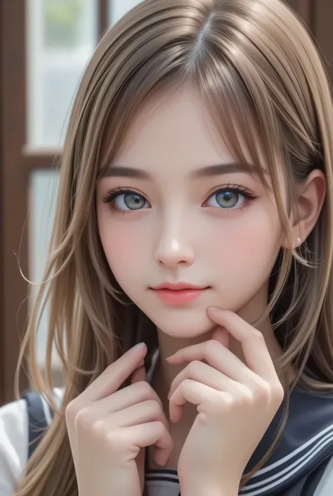 (super cute young face:1.3),
(sparkling clear attractive large glowing eyes:1), (japanese idol face:1.5),very beautiful cute girl,(baby face:1.4),
sailor high school uniforms,
pleated skirt,
slender,
beautiful knees,
cheerful happy smile,exquisite smooth a...