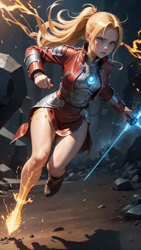 Edward Elric (Fullmetal Alchemist) → Female Alchemist Queen

A petite but fierce female warrior with golden hair in a high ponytail, wearing a red alchemist coat. Her metallic automail arm crackles with blue alchemic energy, transmuting the ground into a m...