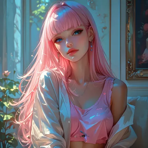  pink hair 、  Top Quality、 Masterpiece、(  professional lighting )、  surreal、 (Nipples:0.4),  fascinating、 figure like a slender supermodel 、 one girl , ( lean forward to the camera to show off her butt ), (slightly larger breasts, midriff peek ), (  arched...