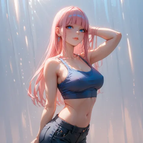  pink hair 、  Top Quality、 Masterpiece、(  professional lighting )、  surreal、 (Nipples:0.4),  fascinating、 figure like a slender supermodel 、 one girl , ( lean forward to the camera to show off her butt ), (slightly larger breasts, midriff peek ), (  arched...