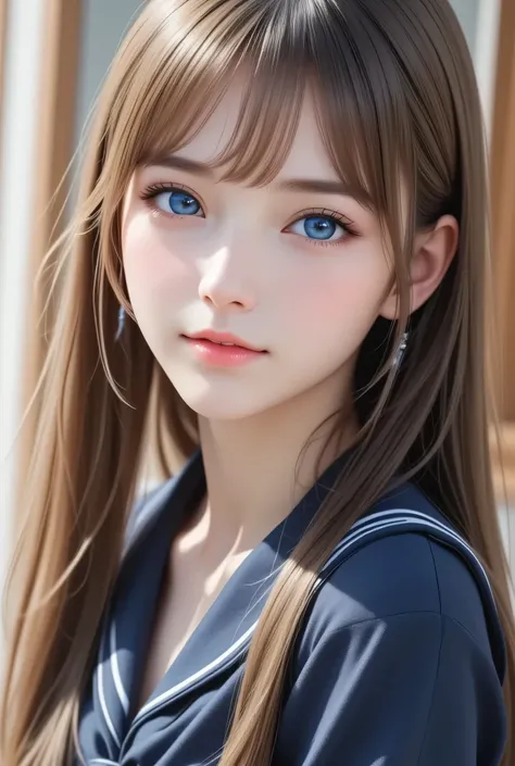 (super cute young face),
(japanese idol face:1),
very beautiful cute girl,
(baby face:1),
navy blue sailor high school uniforms,
(beautiful pleated skirt:1,5),
cheerful happy smile,exquisite smooth and silky long brown straight hair,fair skin,(happy cheerf...