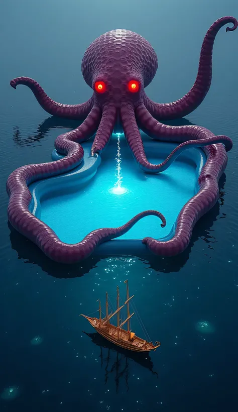  An inflatable pool shaped like a giant Kraken ,  with tentacles that extend around the pool and serve as slides.  The Kraken's eyes glow red ,  and the mouth emits a cold mist . The water is dark blue ,  with luminous particles that simulate glowing plank...