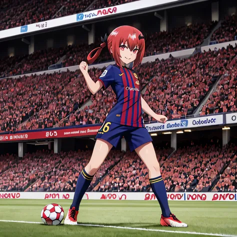 Satanichia McDowell dressed in a soccer team kit 
FC Barcelona 

magenta eyes and red hair tied with a ponytail 
full body 
Football stadium doing a pose 
Lonely girl with a nice smile 
Beautiful little face 

detailed hands and arms