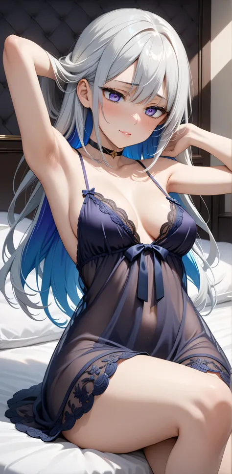 Random Sexy pose , (elegant mature women), ((Ultra detailing)), (very aesthetic, best quality, ultra detailed), intricate details,
1girl, silver hair, Blue inner hair (blue-Purple eyes),((Detailed eyes)), ((Beautifull eyes)), ((prefect eyes)), sharp jawlin...