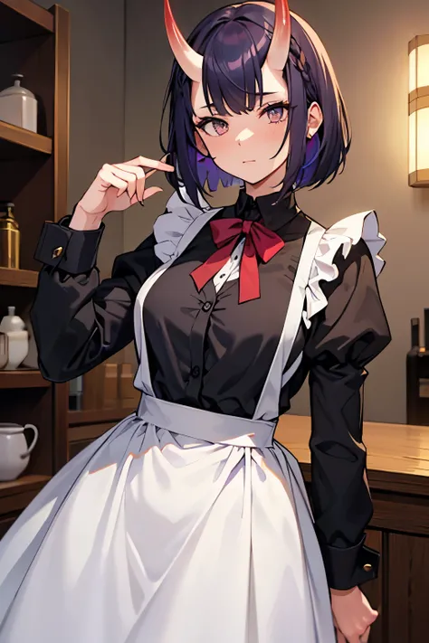 tall expresiones mature woman with violet hair, oni horns, gold eyes, Bob hairstyle and Maid clothes