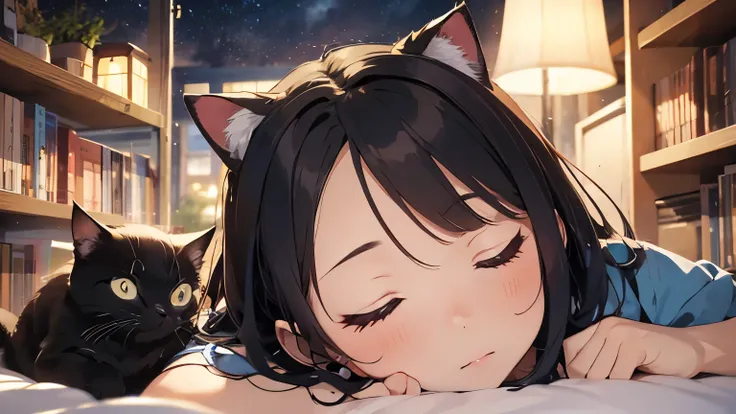 Sleeping Cat　 Libraries 　night　anime