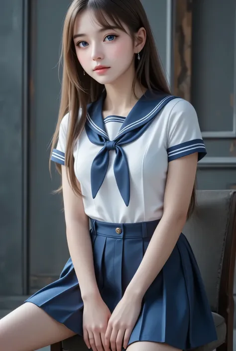 (super cute young face),
(japanese idol face:1),
very beautiful cute girl,
navy blue sailor high school uniforms,
(beautiful pleated skirt:1,5),
professional photogragh, 
body shot