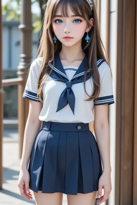 (super cute young face),
(japanese idol face:1),
very beautiful cute girl,
navy blue sailor high school uniforms,
(beautiful pleated skirt:1,5),
professional photogragh,
body shot