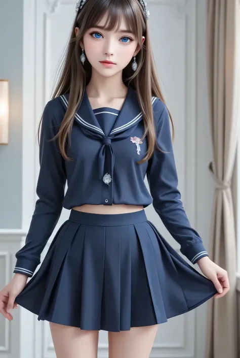 (super cute young face),
(japanese idol face:1),
very beautiful cute girl,
navy blue sailor high school uniforms,
(beautiful pleated skirt:1,5),
professional photogragh, 
body shot