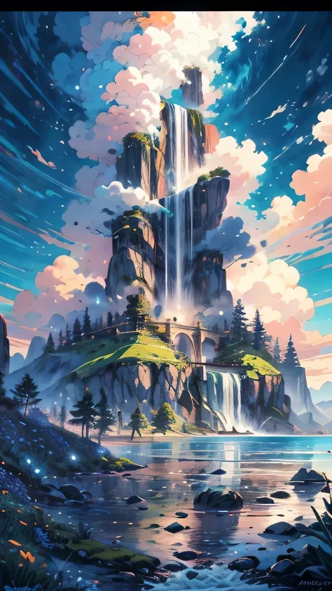 A clam and beautiful landscape, clouds, waterfall, vibrant flowers, andreas rocha style, anime background art, painted in anime painter studio, detailed painting 4 k, inspired by Andreas Rocha, by Yang J, beautiful digital painting, beautiful art uhd 4 k, ...