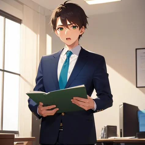 holding a document, masterpiece, best quality, Japanese manga style, upper body, (25 year old male) and (short brown hair) and (combed-back hair) and (green eyes), (Wearing a suit: 1.3) and (blue tie), (worried:1.3), open mouth, inside office room, alone, ...