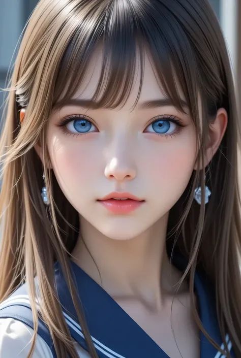 sparkling clear attractive large glowing eyes,(super cute young face),
(japanese idol face:1),
very beautiful cute girl,
navy blue sailor high school uniforms,
(beautiful pleated skirt:1,5),
professional photogragh,
body shot