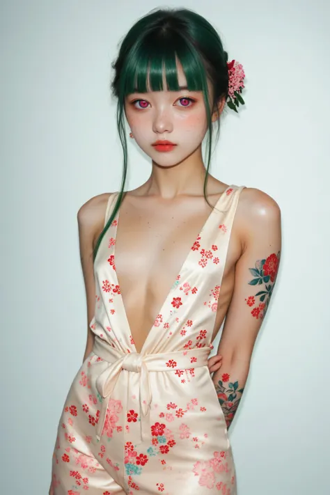 Kizi,Highly detailed, Amazing work,Vitreous luster,((clean backdrop)),In purple,(((reds))),pink color,gold colour, Best quality at best,plunging neckline, A mesmerizing surreal illustration of a young thai girl. She has pastel green hair with blunt bangs,...