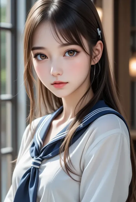 sparkling large brown eyes,(super cute young face),
(japanese idol face:1),
very beautiful cute girl,
sailor high school uniforms,
(beautiful pleated skirt:1,5),
professional photogragh,
body shot