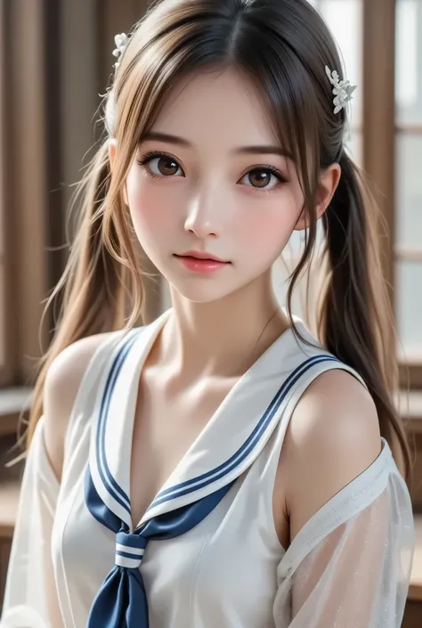 (super cute young face),
(japanese idol face:1),
very beautiful cute girl,
sailor high school uniforms,
(beautiful pleated skirt:1,5),
professional photogragh,
body shot,sparkling large brown eyes
