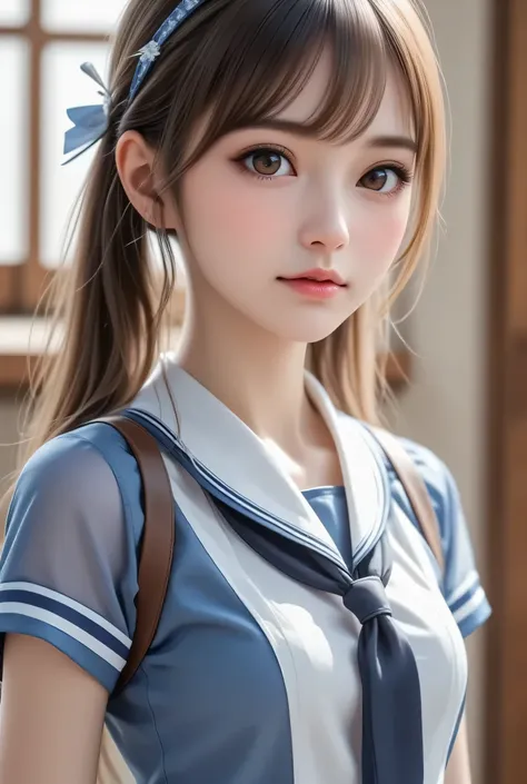 (super cute young face),
(japanese idol face:1),
very beautiful cute girl,
sailor high school uniforms,
(beautiful pleated skirt:1,5),
professional photogragh, 
body shot,large brown eyes