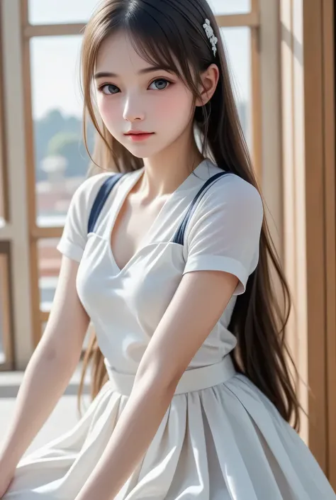 (super cute young face),
(japanese idol face:1),
very beautiful cute girl,
sailor high school uniforms,
(beautiful pleated skirt:1,5),
professional photogragh, 
body shot