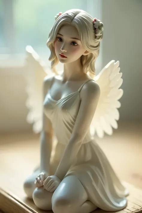 (1小さな少女の天使), Alone, Small Wings, Kind Face、 a pure white porcelain figurine 、 embodies simplicity and dreaminess 、 captures the nostalgic atmosphere of Kelvin's angels ,Thoughtfully , delicately decorated with delicate yet colorful paintings , Thi...