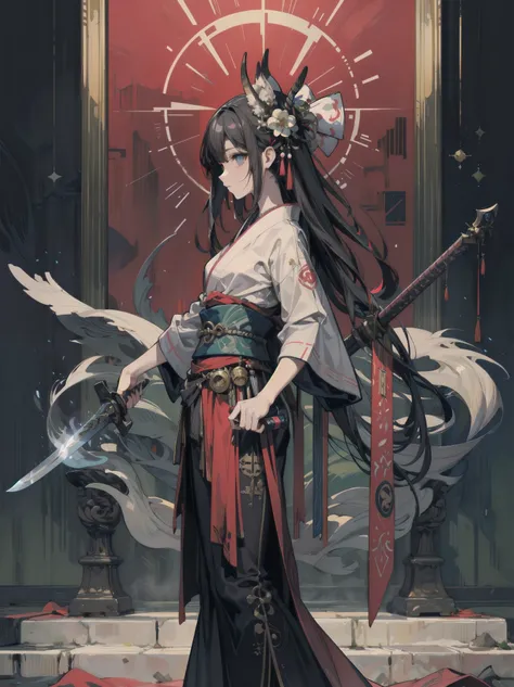 Beautiful demon painting, Demon woman with a sword, Woman holding a sword, A strong female warrior, female swordsman, Female Bodyguard, Beautiful black-haired demon, Beautiful red kimono, Oiran, Ghost Girl, Female Yakuza, Stylish female samurai, Master Swo...