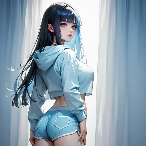 (( black hair))、(Light blue inner hair ),  best quality 、 (  professional lighting without shadows  )、  surreal, (Nipples:0.4),  fascinating、 figure like a slender supermodel、 one girl ,, ( big breasts, Belly button exposed), ( arched ,  Beautiful Skin )),...