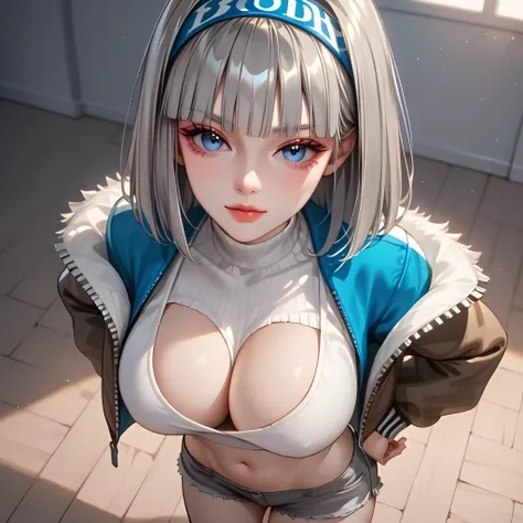 ((Gray Hair))、(Yellow inner hair),  best quality 、 (  professional lighting without shadows  )、  surreal, (Nipples:0.4),  fascinating、 figure like a slender supermodel、 one girl ,, ( big breasts, Belly button exposed), ( arched ,  Beautiful Skin )), (明るい a...