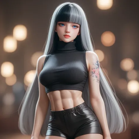 ((Thick gray hair ))、(Black inner hair),  best quality 、 Masterpiece、(  professional lighting )、  surreal, (Nipples:0.4),  attractive、  slender supermodel 、  one girl , (character in foreground, blurred background), (  Slightly Bigger Breasts , midriff pee...
