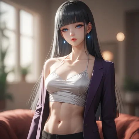 ((Gray Hair))、(black inner hair),  best quality、 (  professional lighting without shadows  )、  surreal, (Nipples:0.4),  is fascinating、 figure like a slender supermodel、 one girl ,, (Mid-chest, Belly button exposed), ( flat at honny,  beautiful skin)), (明る...