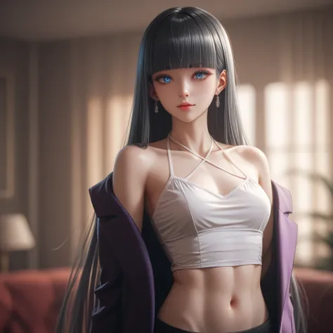 ((Gray Hair))、(black inner hair),  best quality、 (  professional lighting without shadows  )、  surreal, (Nipples:0.4),  is fascinating、 figure like a slender supermodel、 one girl ,, (Mid-chest, Belly button exposed), ( flat at honny,  beautiful skin)), (明る...