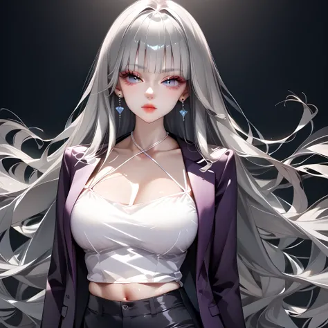 ((Gray Hair))、(black inner hair),  best quality、 (  professional lighting without shadows  )、  surreal, (Nipples:0.4),  is fascinating、 figure like a slender supermodel、 one girl ,, ( big breasts, Belly button exposed), ( flat at honny,  beautiful skin)), ...