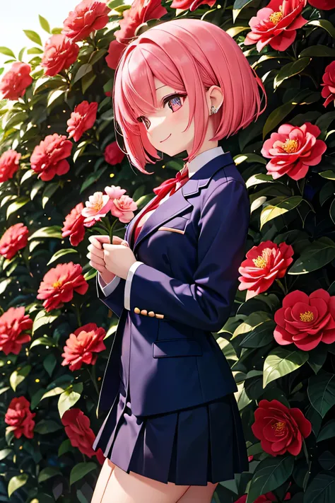 
A profile photo of her from the side.
Bright red Camellia flower.
Bright red Camellia flower.

Her breasts are a very small A cup.
An anime-style girl has pink hair,straight short bob Hair, pink hair and brown eyes, a little short,Her legs and waist are s...