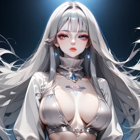 ((Thick gray hair ))、(Black inner hair),  best quality 、 Masterpiece、(  professional lighting )、  surreal, (Nipples:0.4),  attractive、  slender supermodel 、  one girl , (eye-level shot), (  Slightly Bigger Breasts , midriff peek ), (  flat at honny ,  whit...