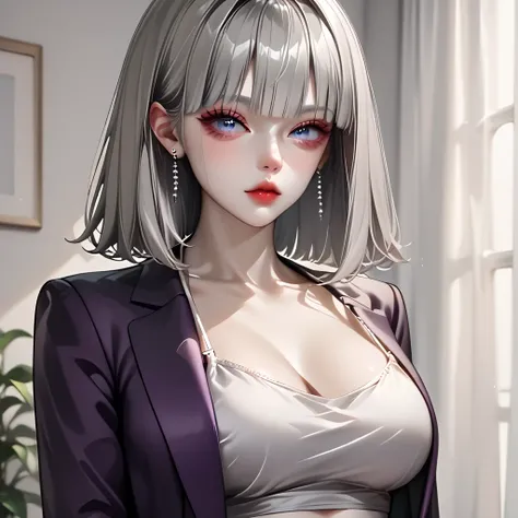 ((Gray Hair))、(black inner hair),  best quality、 (  professional lighting without shadows  )、  surreal, (Nipples:0.4),  is fascinating、 figure like a slender supermodel、 one girl ,, ( big breasts, Belly button exposed), ( flat at honny,  beautiful skin)), ...