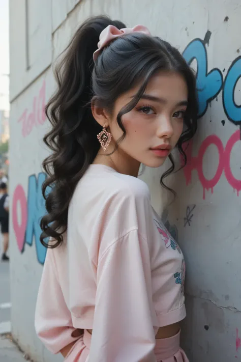 beautiful kpop idol girl wearing a pink hip-hop outfit covered elegantly, her curly long black hair beauty in ponytail, against the backdrop of a graffiti wall during the day