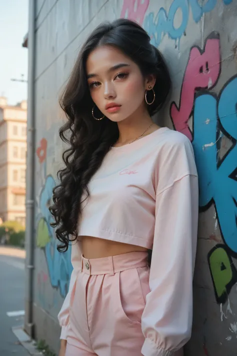 beautiful kpop idol girl wearing a pink hip-hop outfit covered elegantly, her curly long black hair beauty in ponytail, against the backdrop of a graffiti wall during the day