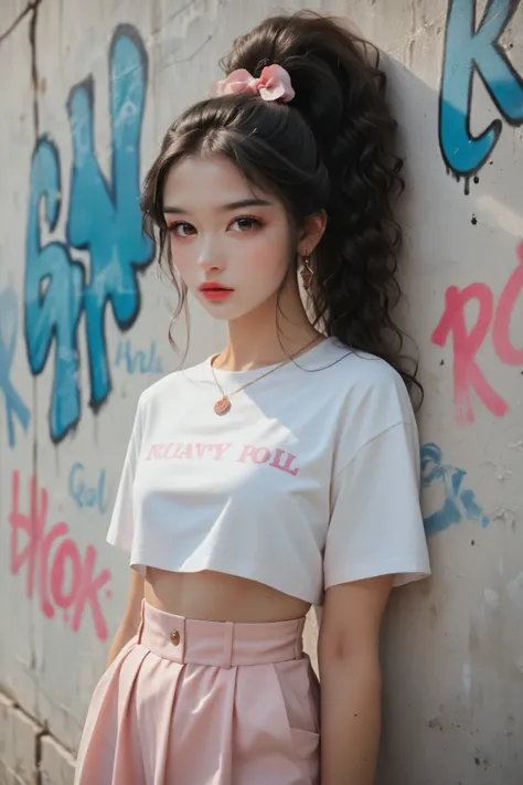 beautiful kpop idol girl wearing a pink hip-hop outfit covered elegantly, her curly long black hair beauty in ponytail, against the backdrop of a graffiti wall during the day