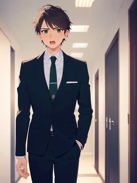  masterpiece, best quality, Japanese manga style, upper body, (25 year old male) and (short brown hair) and (combed-back hair) and (green eyes), (Wearing a suit: 1.3) and (blue tie), (surprised:1.3), open mouth, inside office hallway, alone, standing, 
