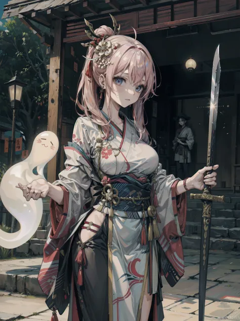 breasts, perfect anatomy, correct body, earring, half updo, sexy, erotic, seductive, Sensual, hair ornament, outdoor, cowboy shot, a tall, slender girl with a long torso, Woman holding a sword, A strong female warrior, Beautiful red kimono, Oiran, Ghost Gi...