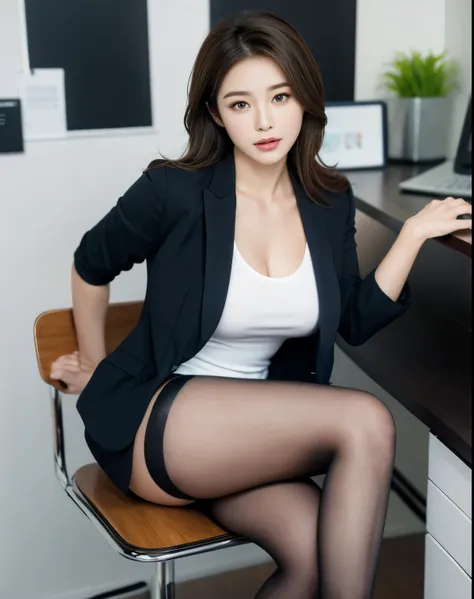 (  bright office), The whole body to the toes,   Watch Who's Watching  ,  25 year old woman with big breasts ,  woman sits on a chair with her legs wide open,  I want to see her calves  , Nipple reflection , (( place your hands on your chest  )), mesh, (( ...