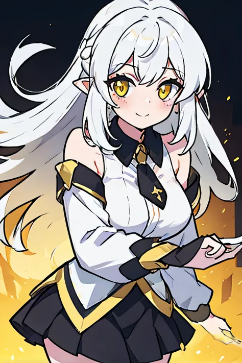  1 girl, One,  loose long hair,  yellow eyes,  white hair,  bare shoulders are visible, skirt, breast, cut off white sleeves, Long sleeves, hair scraps,  closed mouth, black skirt,  shirt ,  pointy ears ,  smile, большая breast и ляжки, without ornaments o...