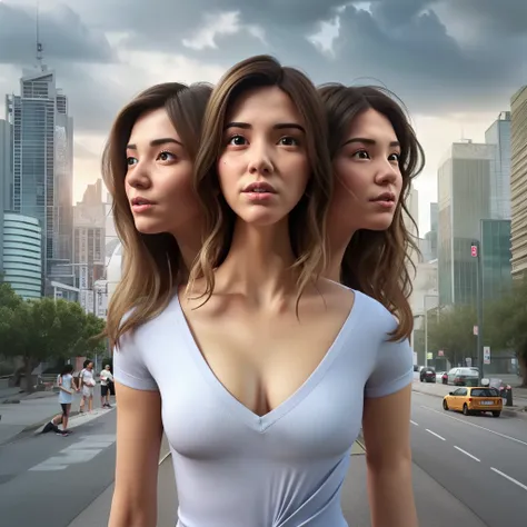 Three-headed woman with 1 body wears t-shirt big size 