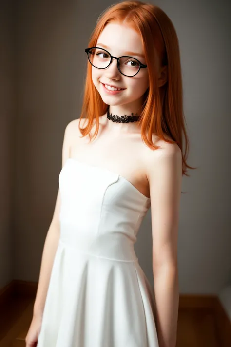 raw photo, unedited photo,full body shot, full view,(13yo skinny redhead girl:1.2), (normal european girl), ((flat chested)), (long thin legs), cheek dimples, blushing smile, black eyeliner, (lipstick:0.5), (choker:0.9), white skin, detailed skin, realisti...