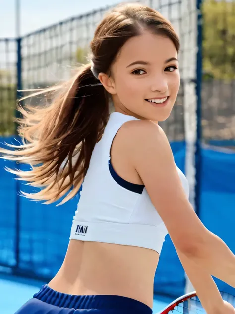 A young female tennis player dressed in a sleek blue tennis outfit stands ready, with her white undergarments visible. gripping her tennis racket with both hands in a poised and focused stance. The sunlight highlights the crisp lines of her attire and the ...