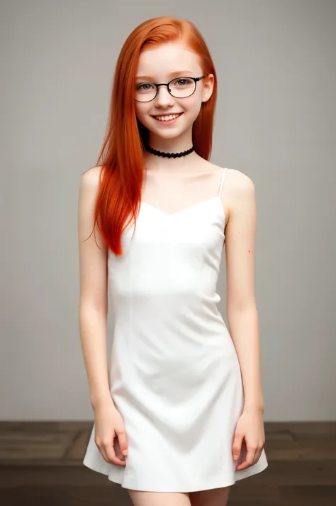 raw photo, unedited photo,full body shot, full view,(13yo skinny redhead girl:1.2), (normal european girl), ((flat chested)), (long thin legs), cheek dimples, blushing smile, black eyeliner, (lipstick:0.5), (choker:0.9), white skin, detailed skin, realisti...