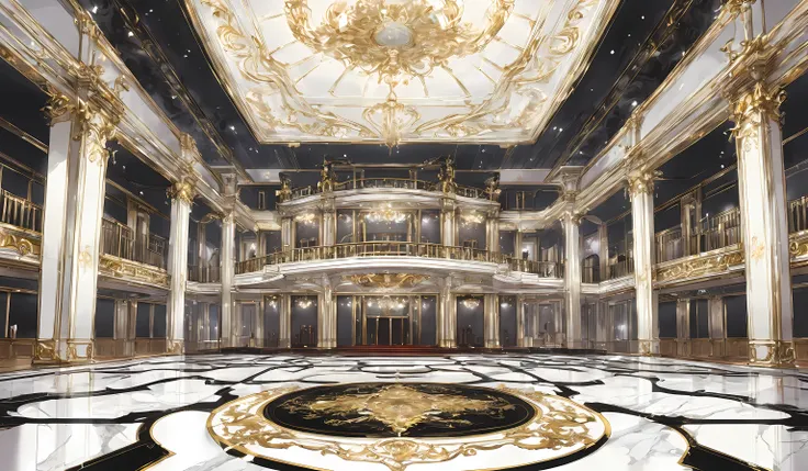 An aristocratic-style concert hall 。It is composed entirely of white and black。 doesn't put any chairs or the like on the floor、Marble floor。 a hall of considerable depth and size。 anime picture for TRPG。
