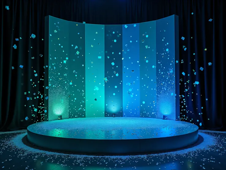 Corporate Birthday. Dark Blue, Light Blue, and Green Stage. Sparkly. No people, just stage and lighting. Confetties.