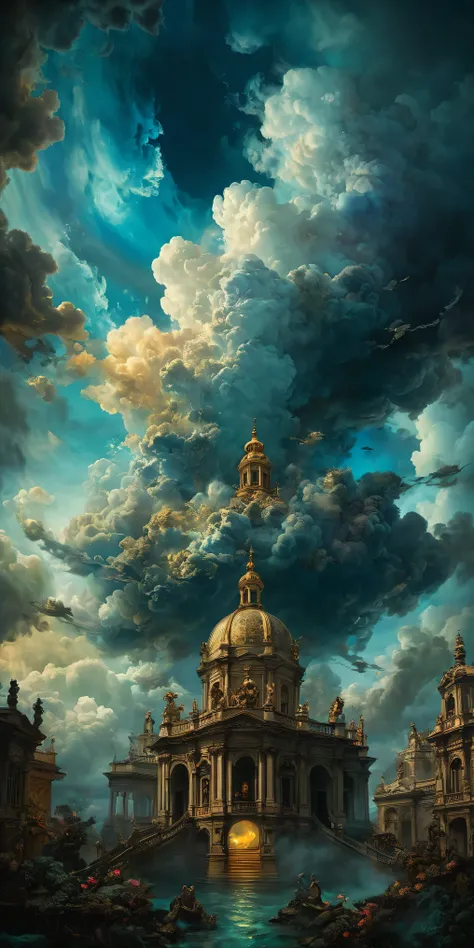  una vista de un techo con un sky y nubes, baroque digital painting, baroque dark art,  by Kim Keever ,  beeple and James Jean , Baroque Renaissance . MEDIUM SHOT, , sky, inspired  by Kim Keever , apotheosis,  inspired by Andrea Pozzo ,  Highly detailed su...